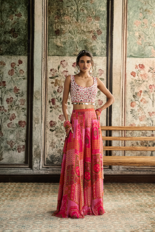 IVORY BUTTA PRINT AND HIGHLIGHTED SQUARE NECK BLOUSE WITH YELLOW-FUSCHIA PRINT SHARARA SET