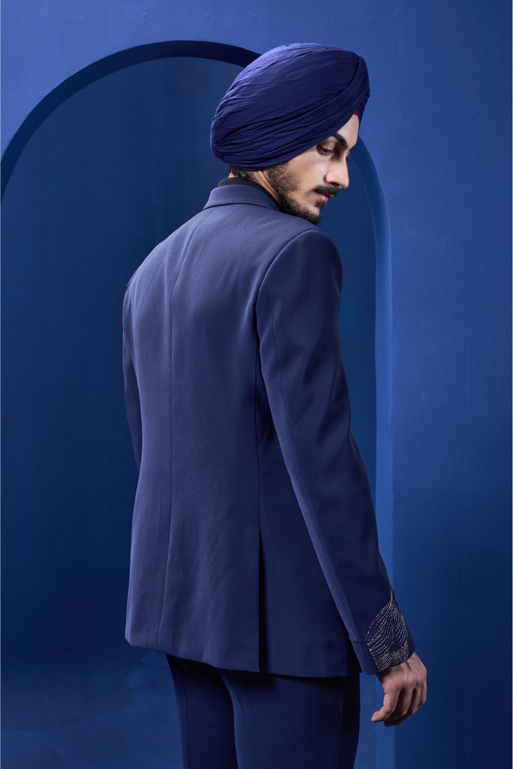 Navy Blue blazer detailing with silver zari