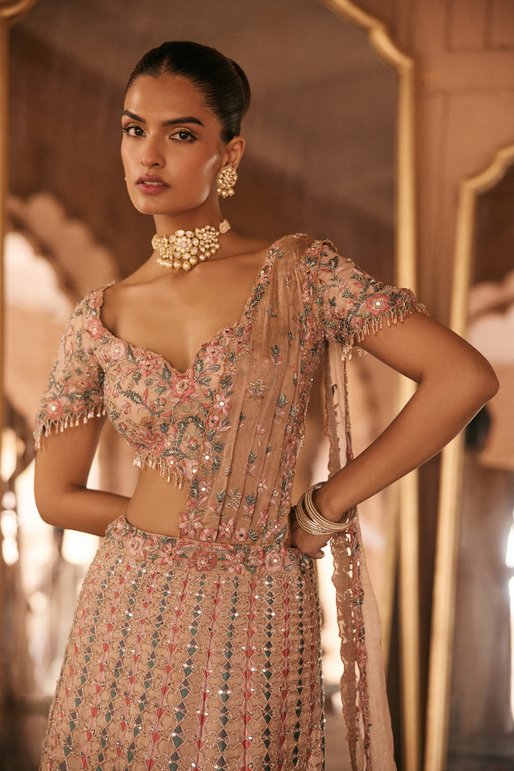 Multi-coloured, beige, Dori, Tissue, Sari Lehenga Set