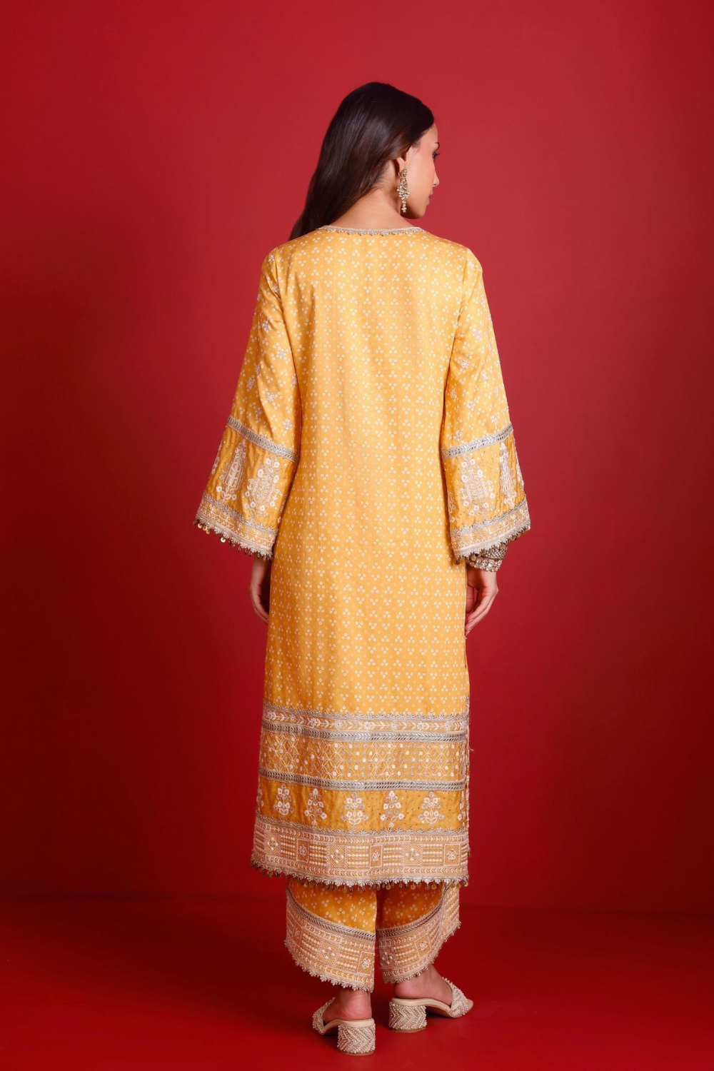 Lari Pima Satin Printed Mustard Kurta Set