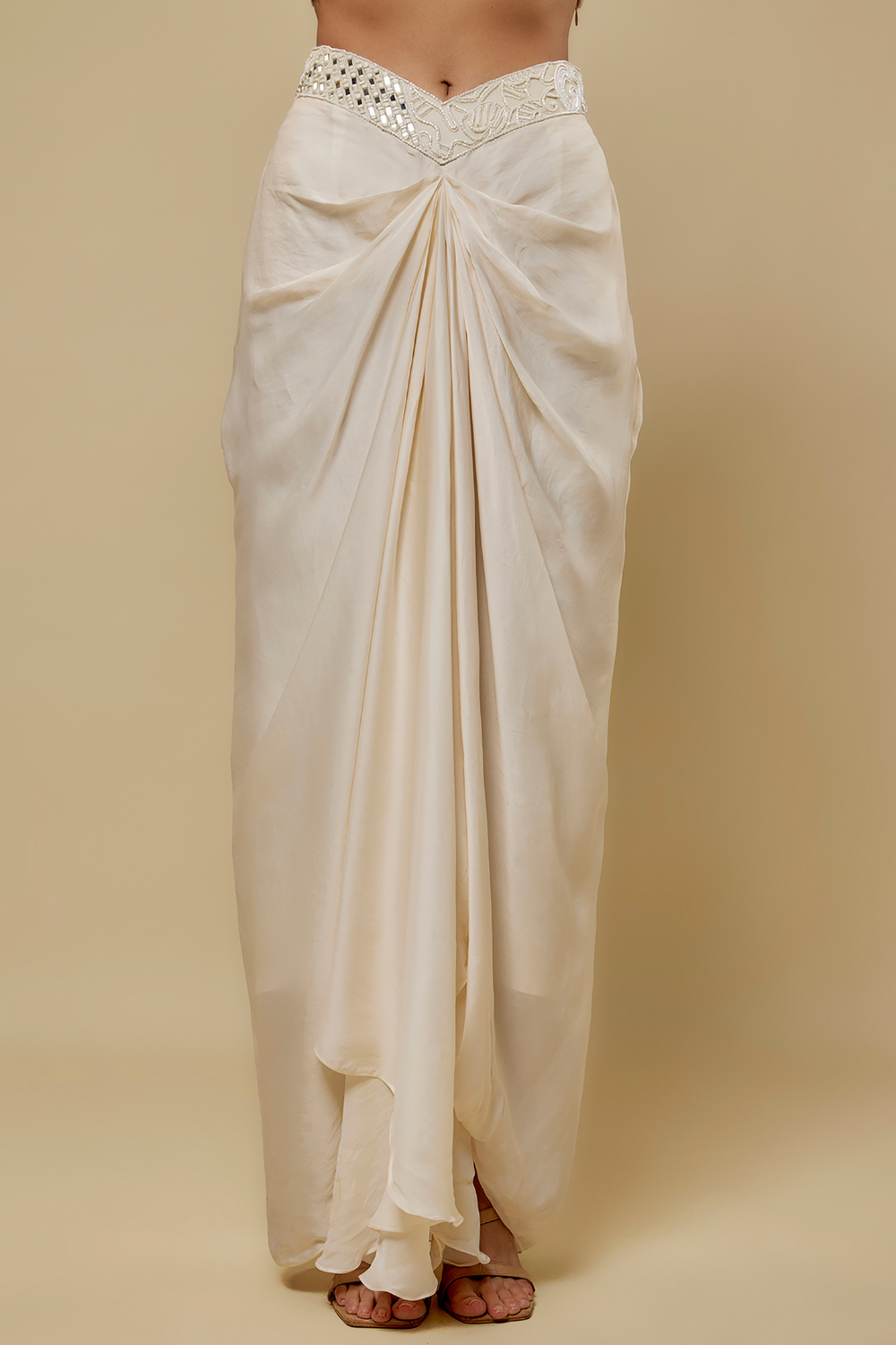Finch- Drape skirt paired with hand embroidered floral blouse and cape