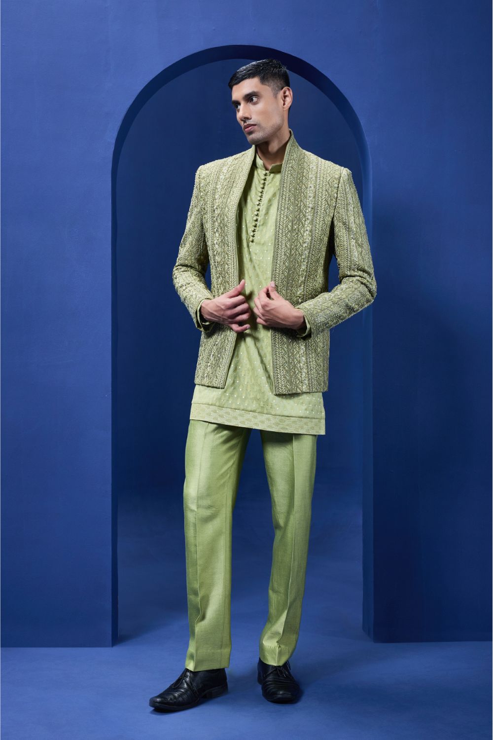 Green open bandhgala   with thread , sequins & pearl  work
