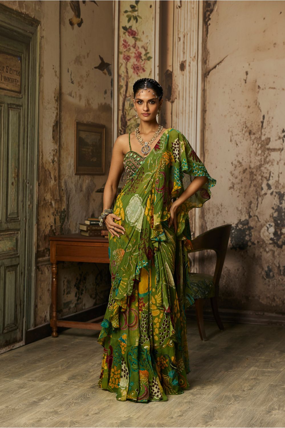 PEAR GREEN PRINTED AND HIGHLIGHTED RUFFLE SKIRT SAREE SET