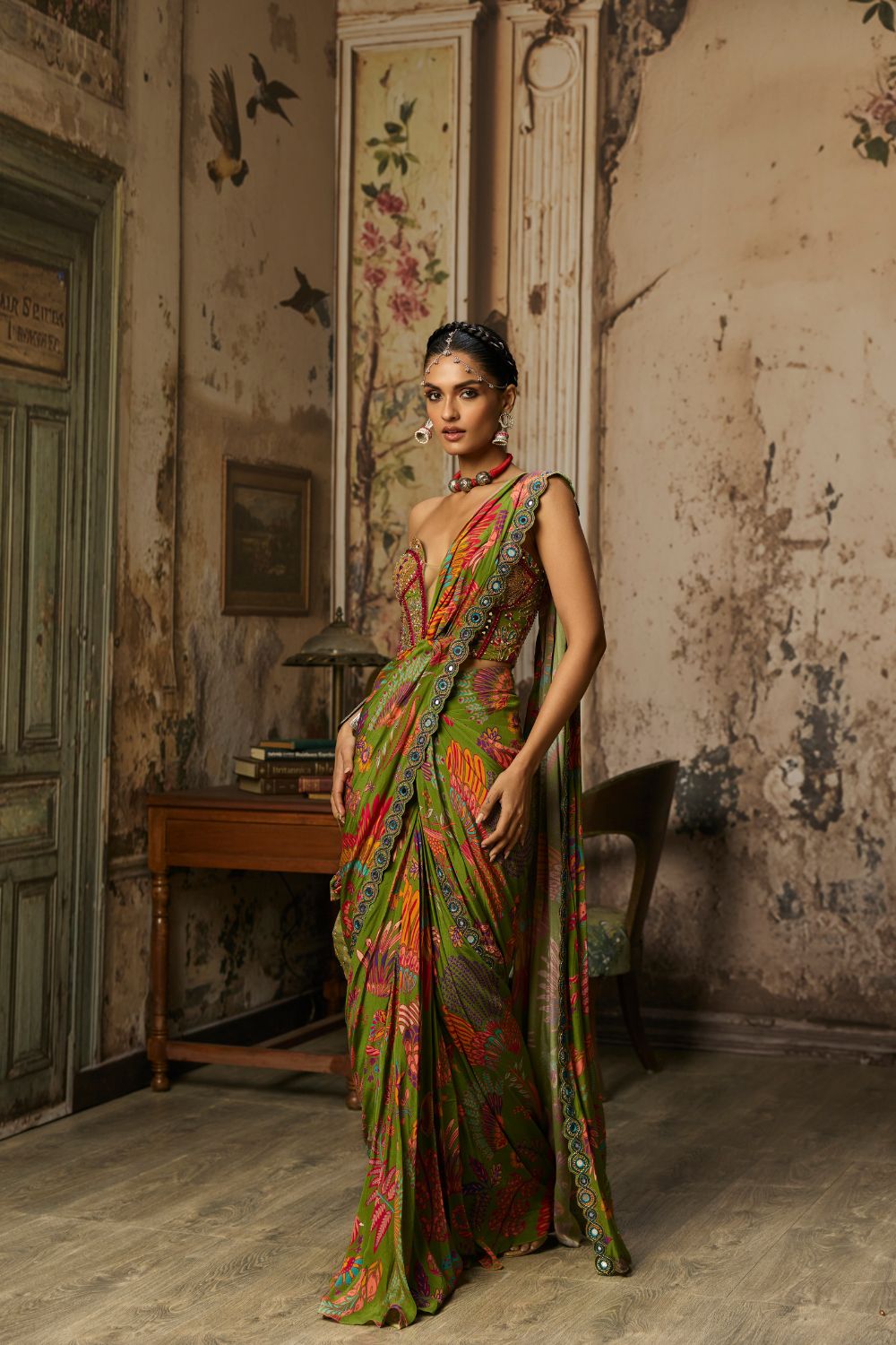 PEAR GREEN PRINTED AND HIGHLIGHTED RUFFLE SKIRT SAREE SET