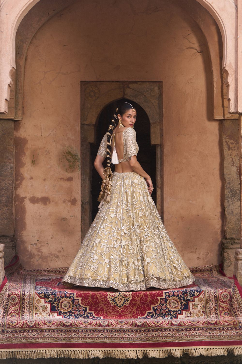 BASANT —  Golden Beige Net Lehenga Set