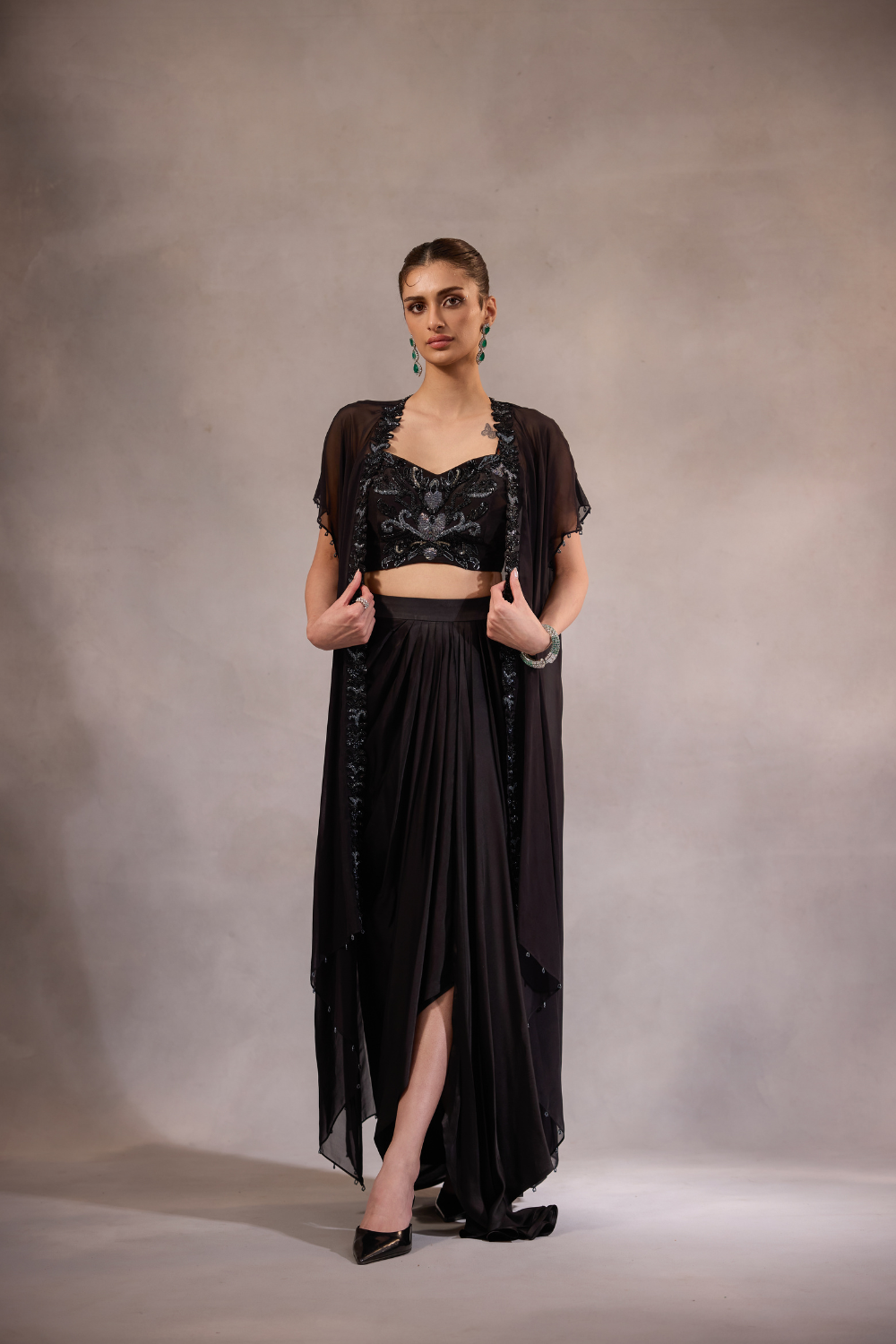Black Embroidered Cape Set of 3