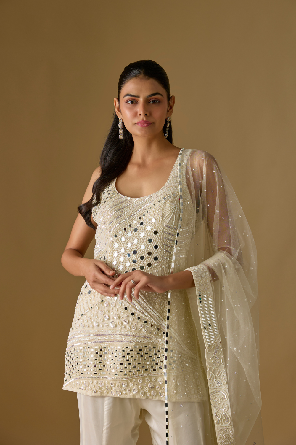 Pearl- Ivory Kurta with Plain Sharara and Zentangle Dupatta