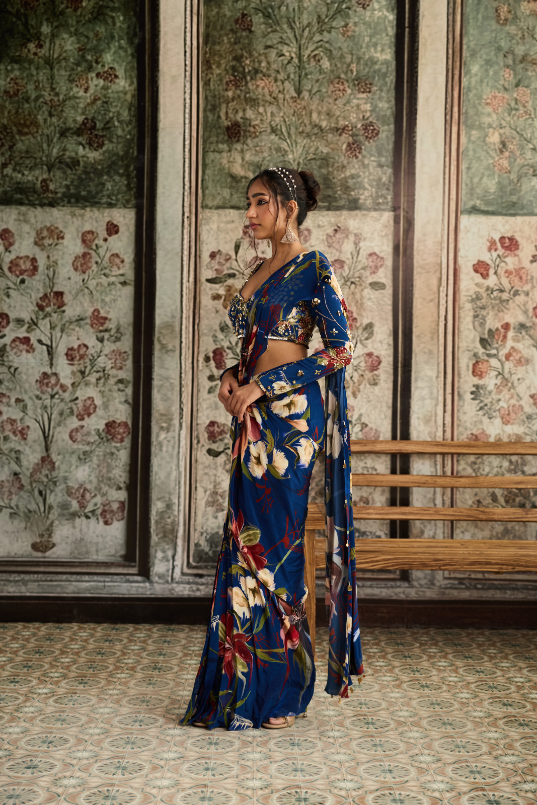 BLUE FLORAL PRINTED SKIRT SAREE SET