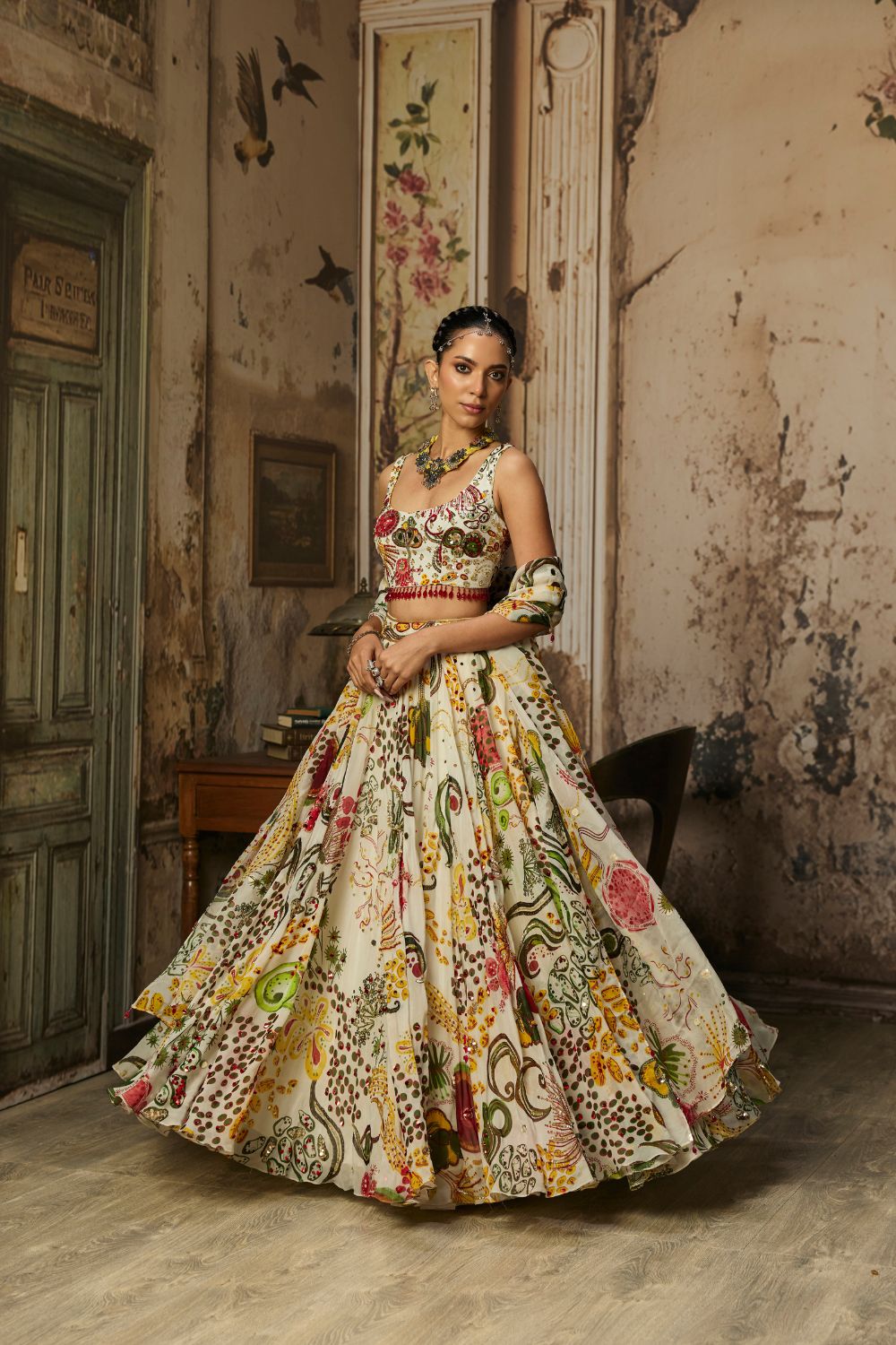 IVORY PRINT AND HIGHLIGHTED LEHENGA SET