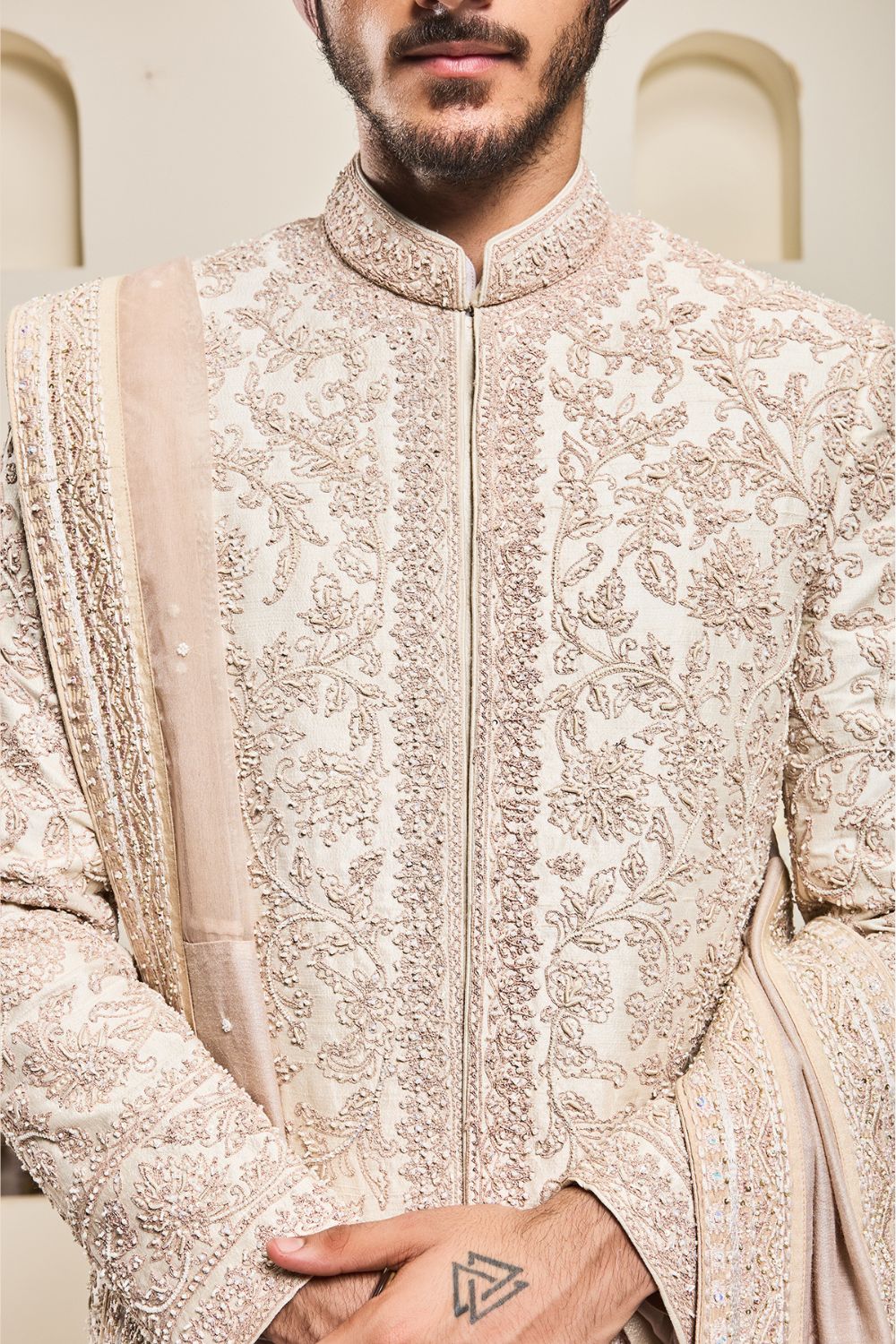 Dusty rose sherwani with pearl and sequins work