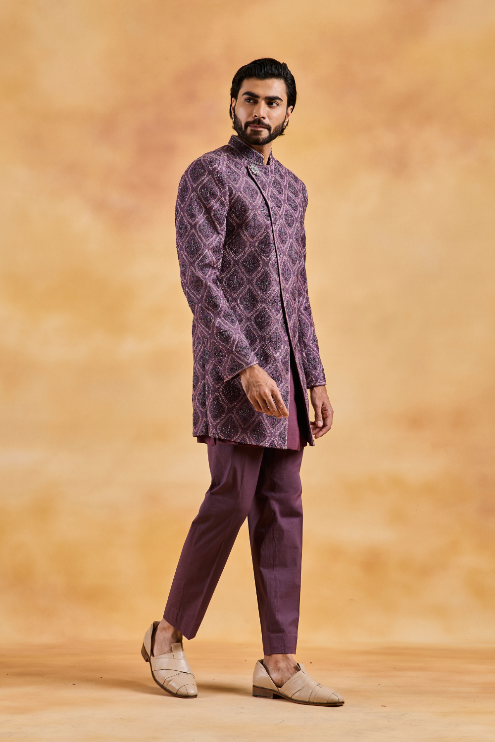 Wine Sherwani Kurta Trouser Set