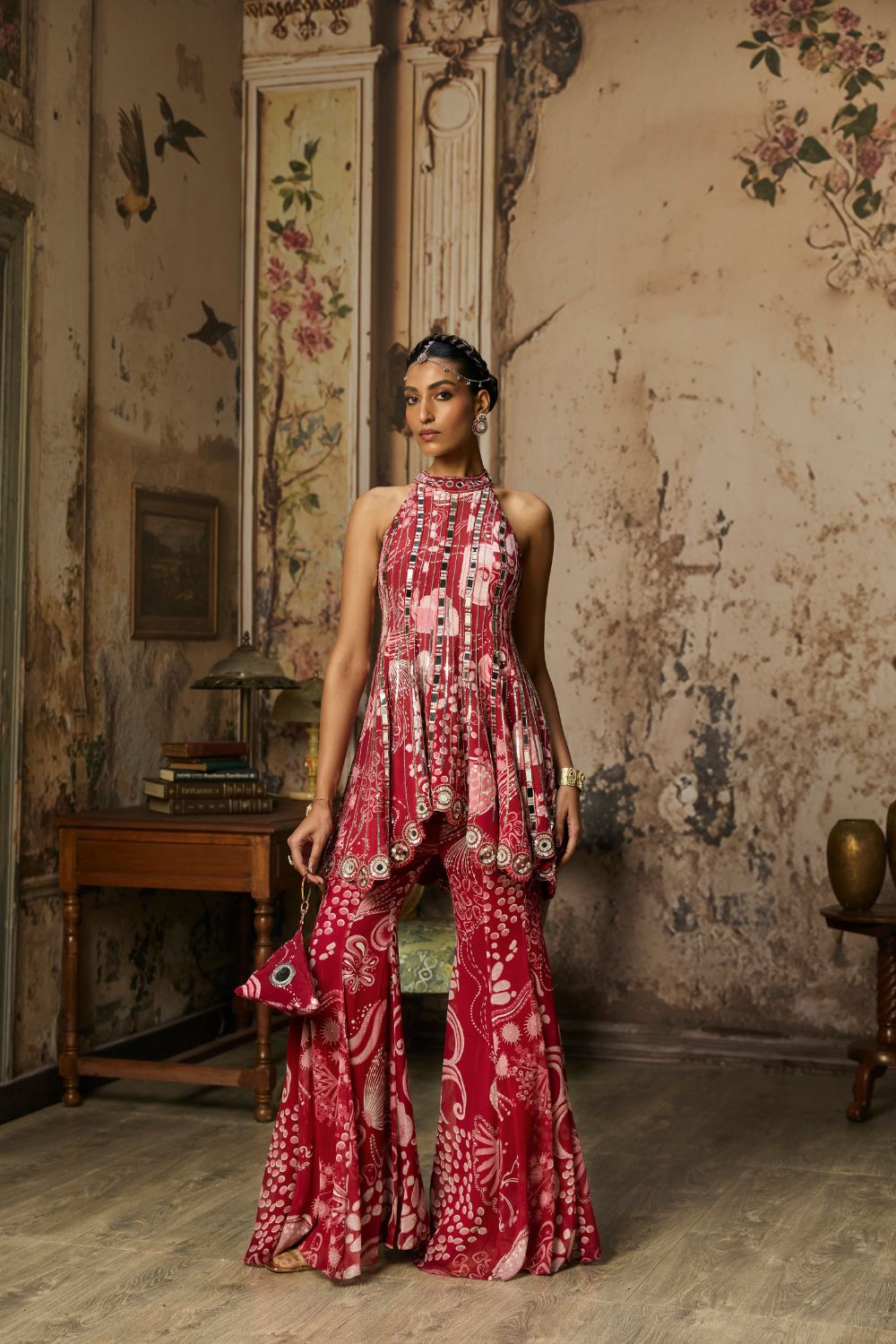 SCARLET RED PRINTED AND HIGHLIGHTED PEPLUM SET