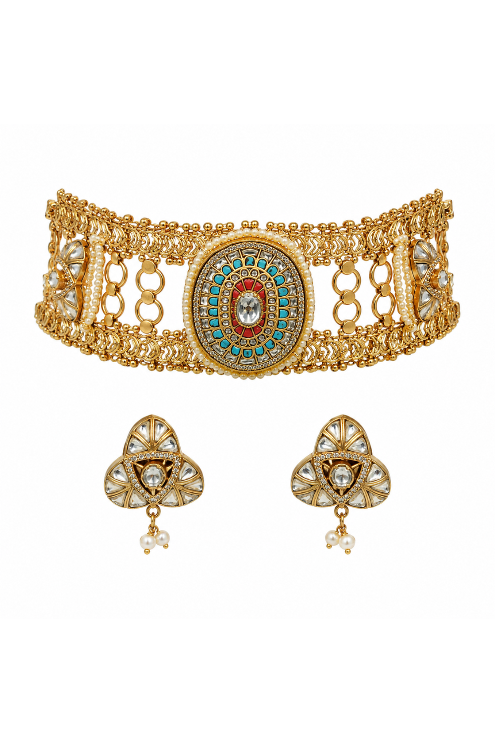 Multicoloured  Handcrafted Jadau Kundan Choker Set with Pearl Accents