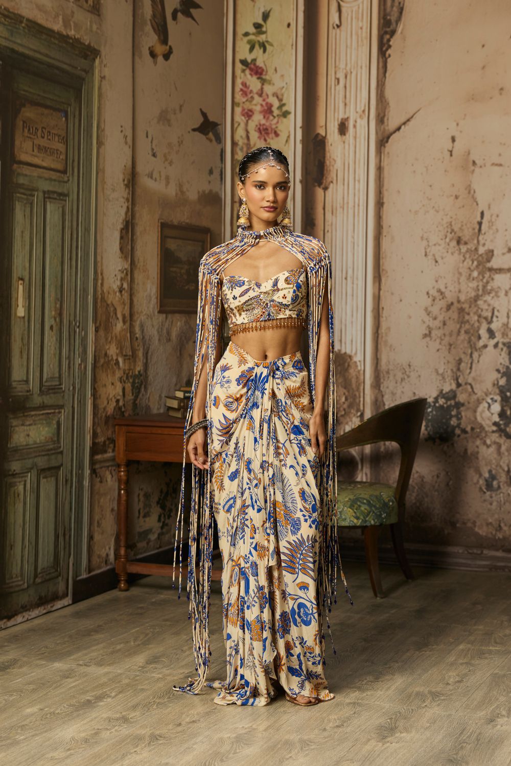 IVORY PRINTED AND HIGHLIGHTED BLOUSE WITH FRINGE JACKET & SKIRT SET