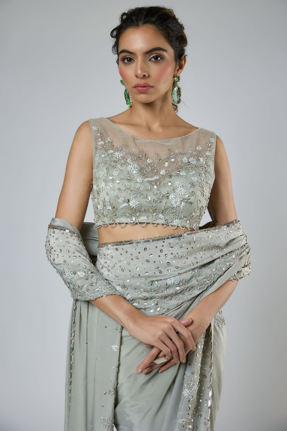 DUSTY GREEN HEAVY INTRICATE FLORAL EMBROIDERED SAREE SET