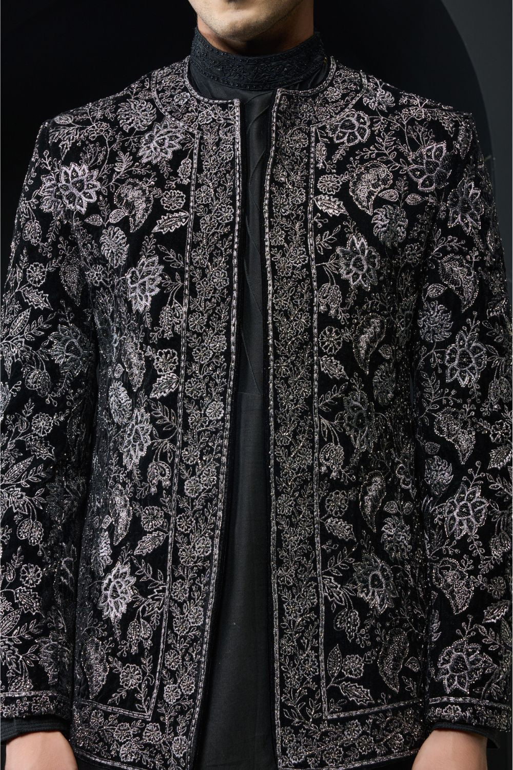 Black open bandhgala   with silver zari , sequins & pearl  work