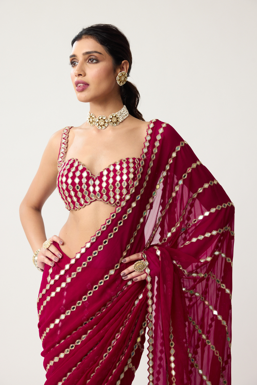 Ruby red Linear Mirror Saree Set