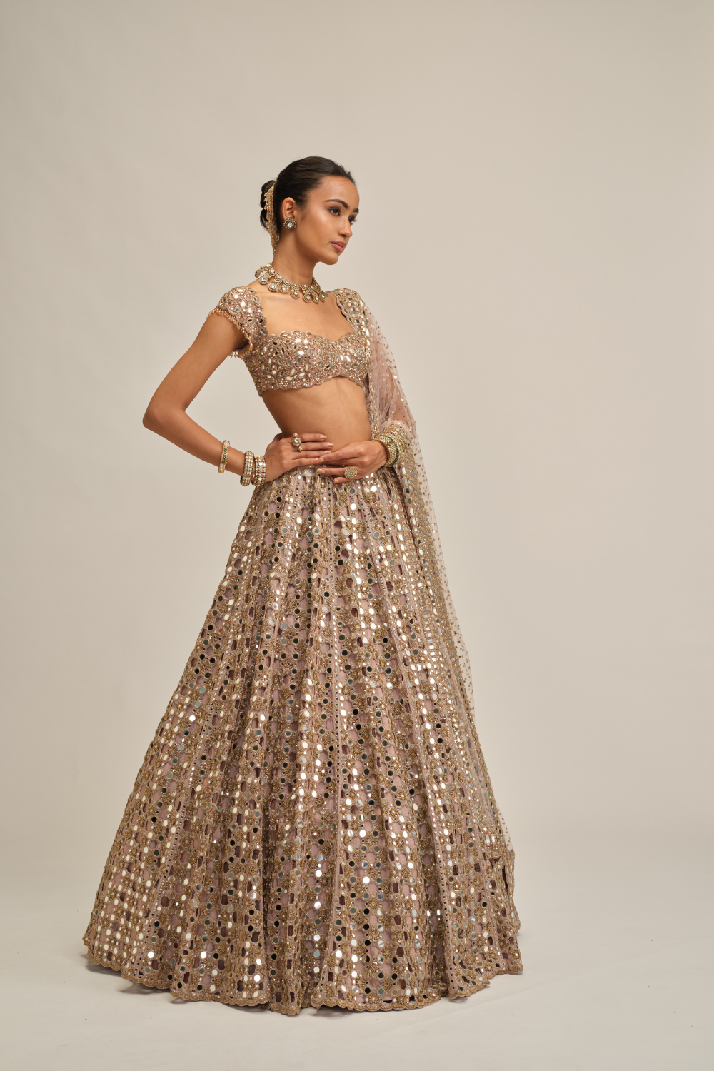 Ash Pink Dense Big Mirror Cutwork Lehenga Set