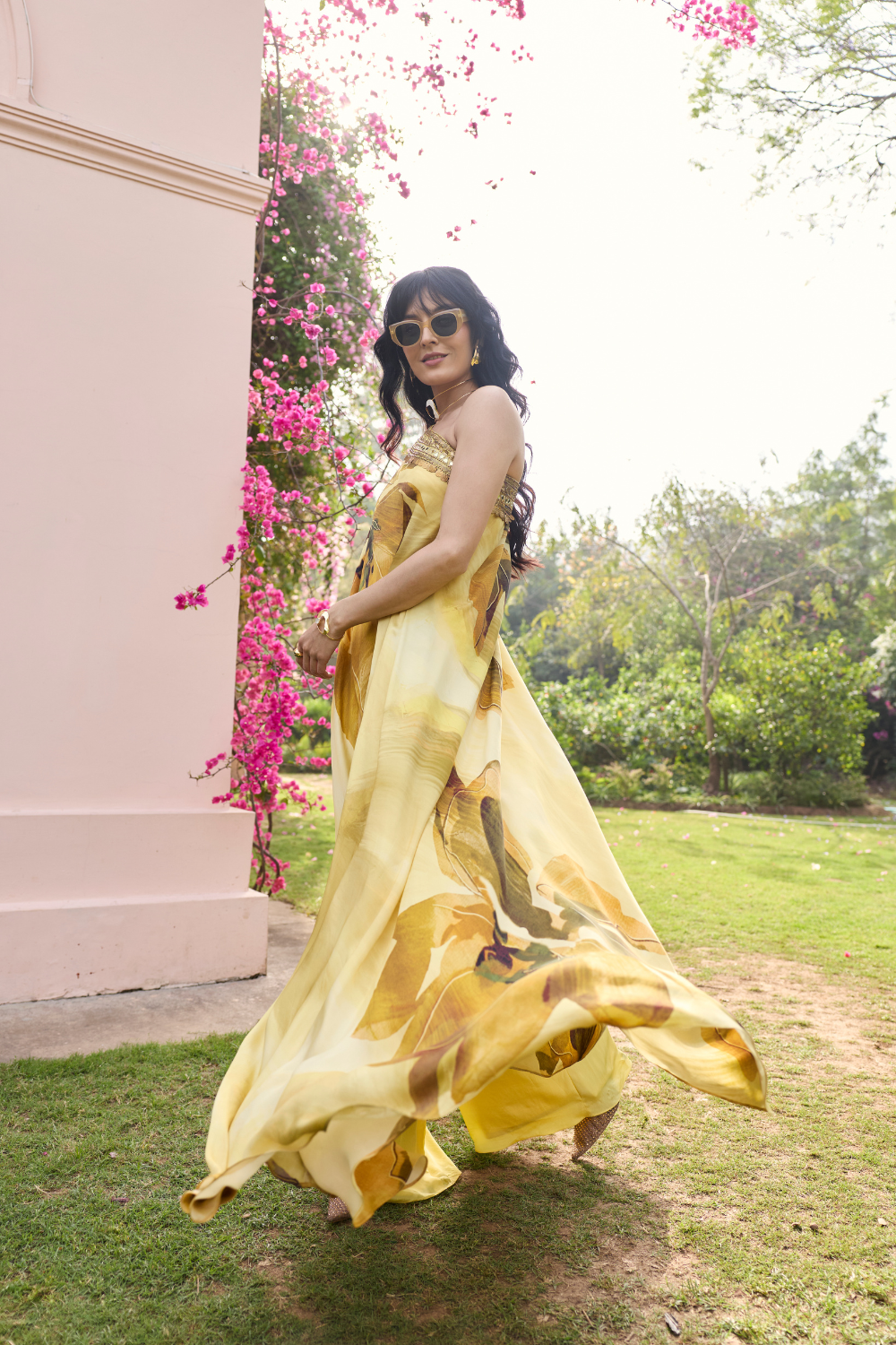 BUTTER YELLOW FLORAL, ONE SHOULDER KAFTAN SET