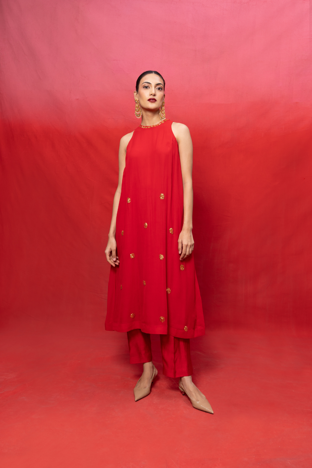 Handwoven Red Georgette Embroidered Suit Set