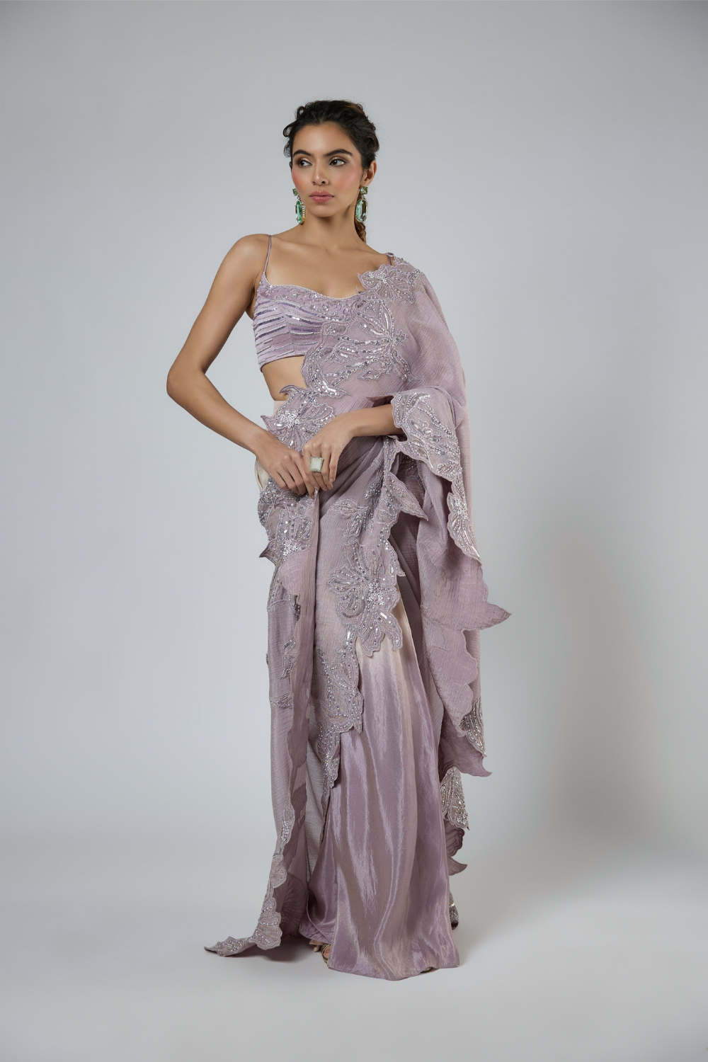 DUSTY LILAC AND PINK OMBRE CUT WORK INTRICATE EMBROIDERED SAREE SET