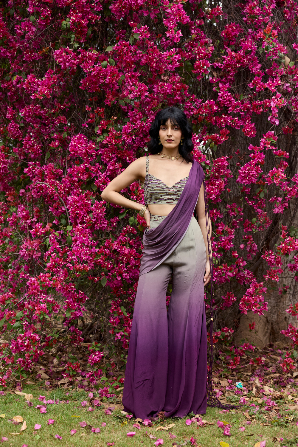 PURPLE-GREY OMBRE TASSELED DRAPE SAREE SET