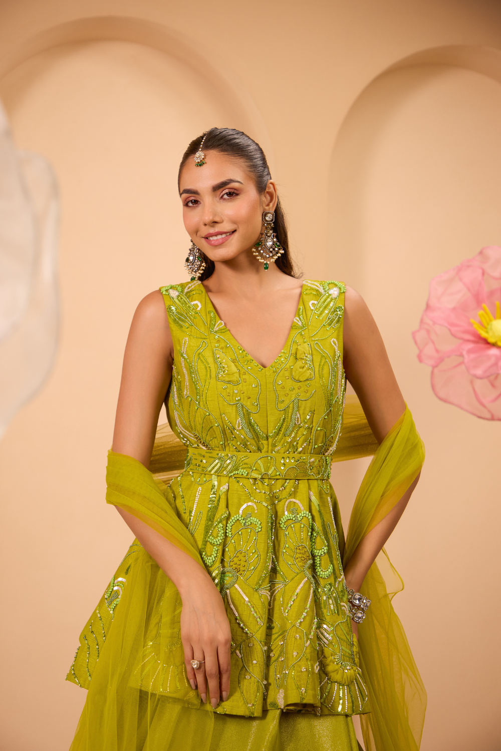 Green Hand Embroidered Peplum W/Lehenga & Dupatta