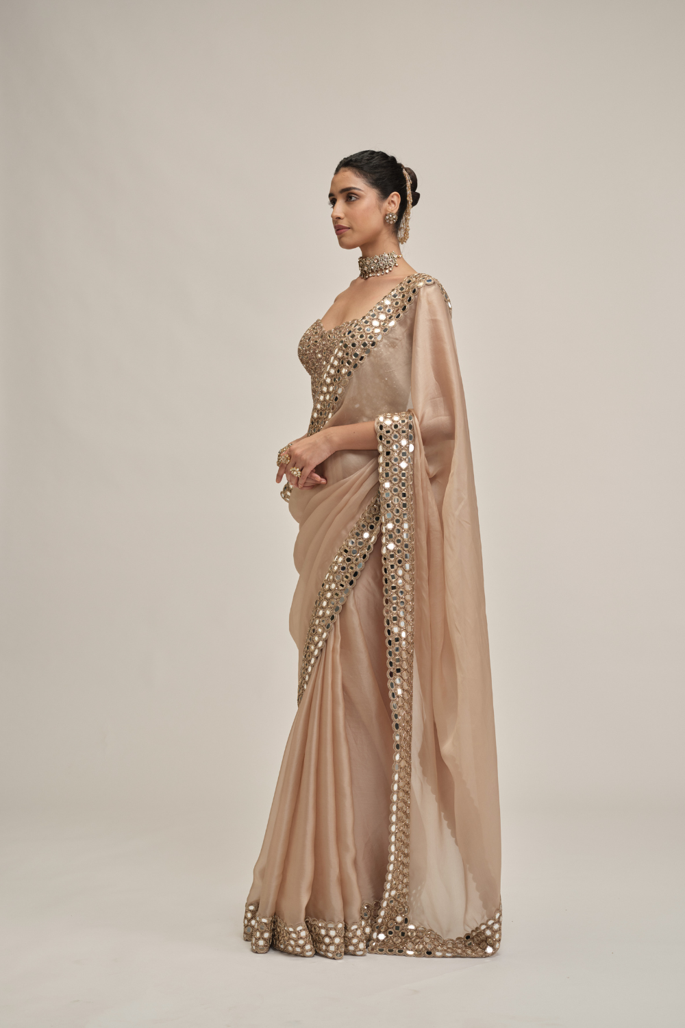 Light Beige Mirror Border Saree with Corset Set