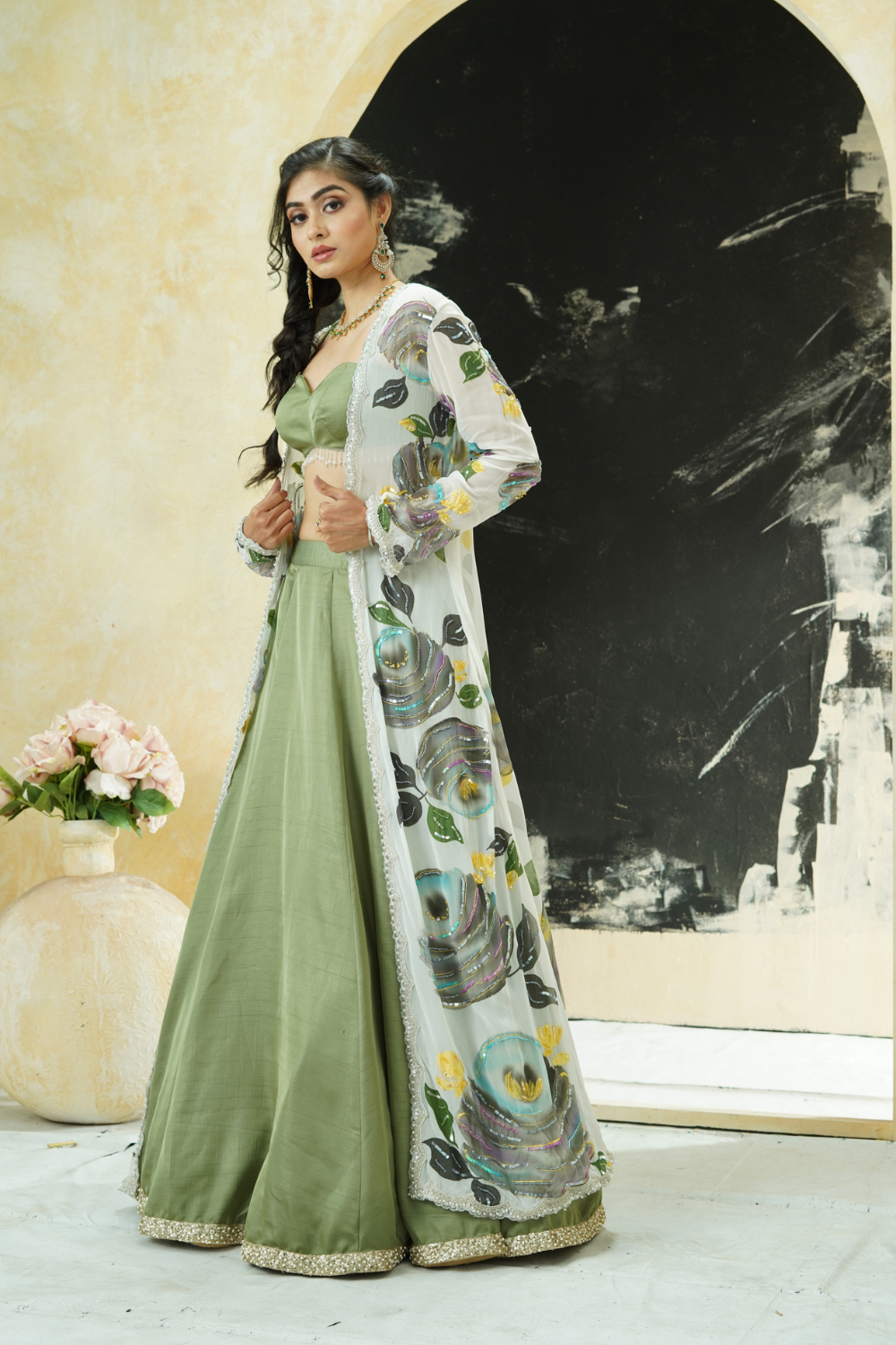 Sage Green lehenga set with hand painted jacket