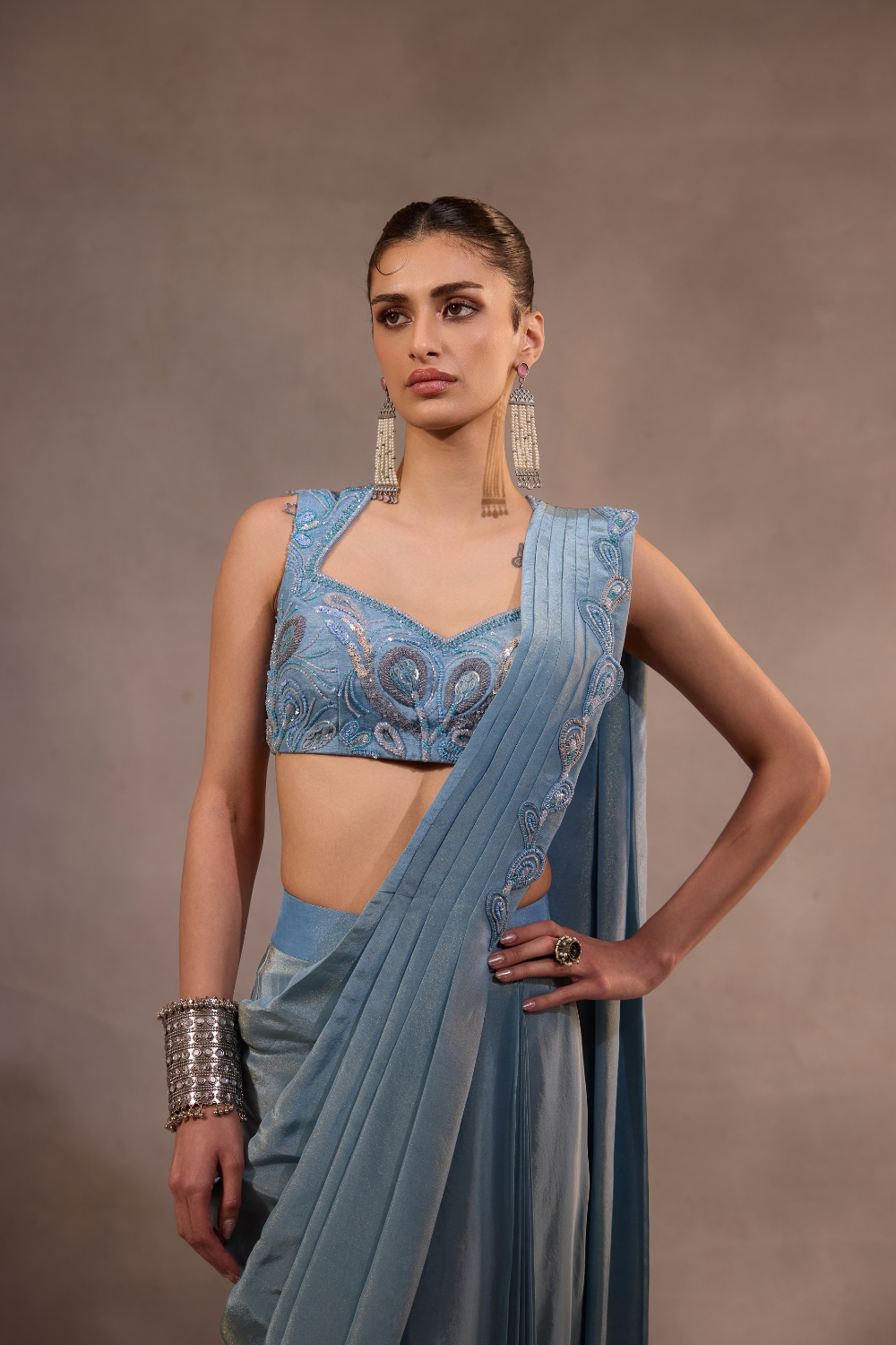 Blue Drape Saree with Embroidered Blouse