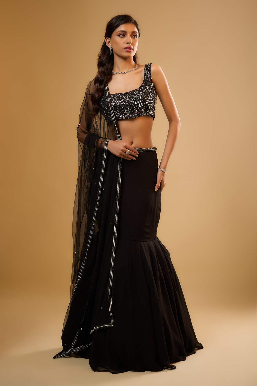 Black georgette fish cut lehenga set embroidered with sequins, glass beads & threadwork
