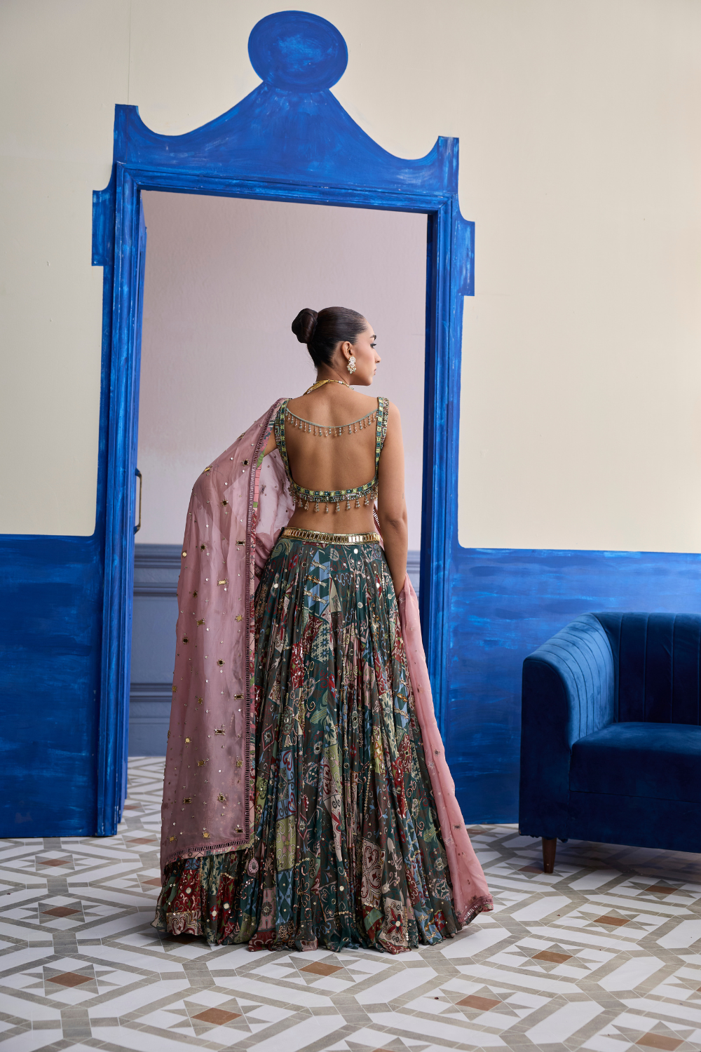 Green Mirror Embroidered Blouse with Forest Green Lehenga & Embroidered Dupatta Set