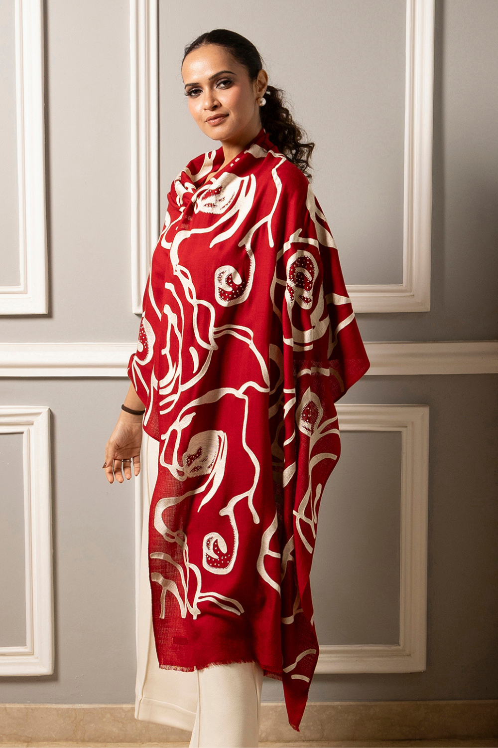 Abstract Rose | Embroidered Wool Silk Stole