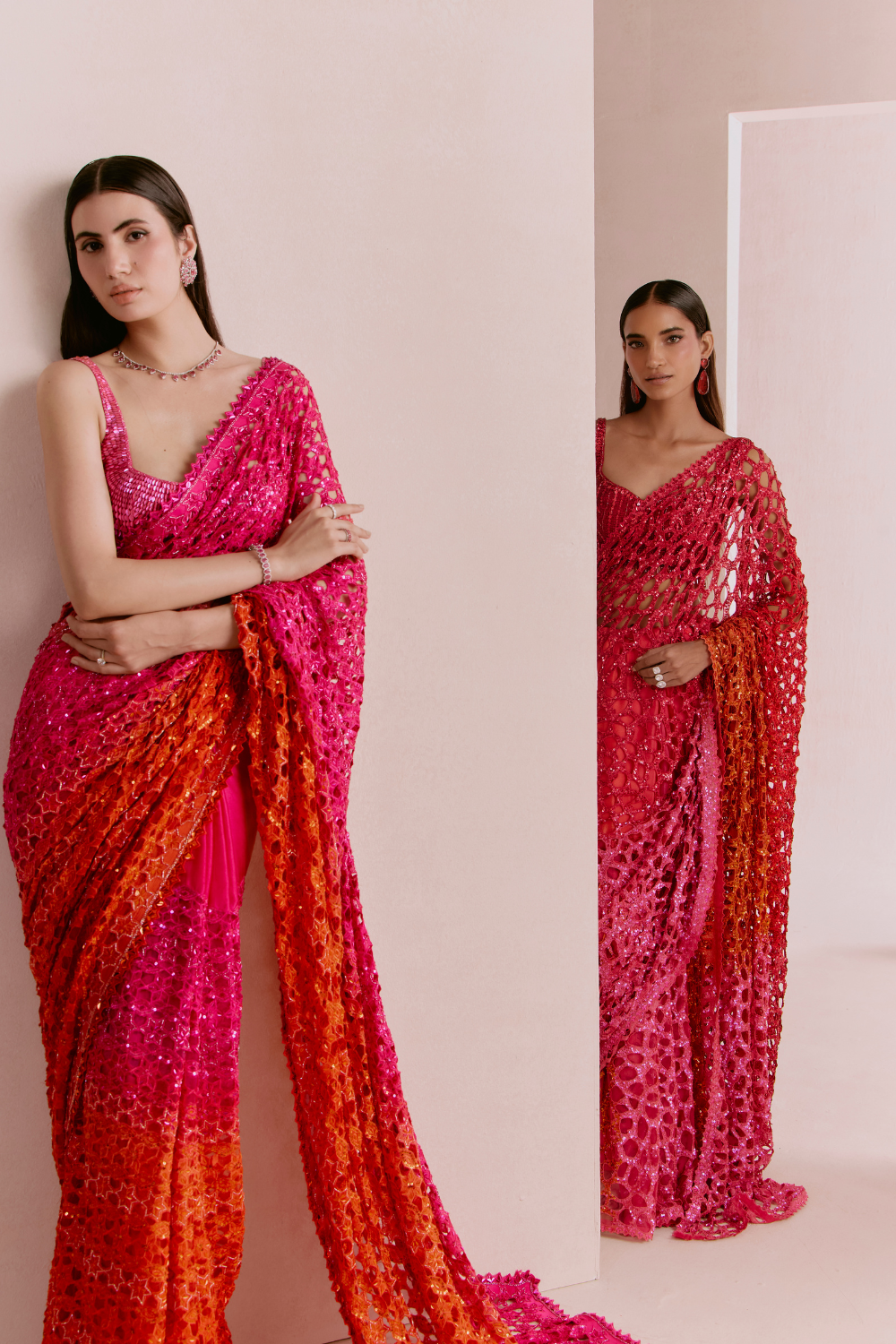 Red To Pink Cutwork Saree Set