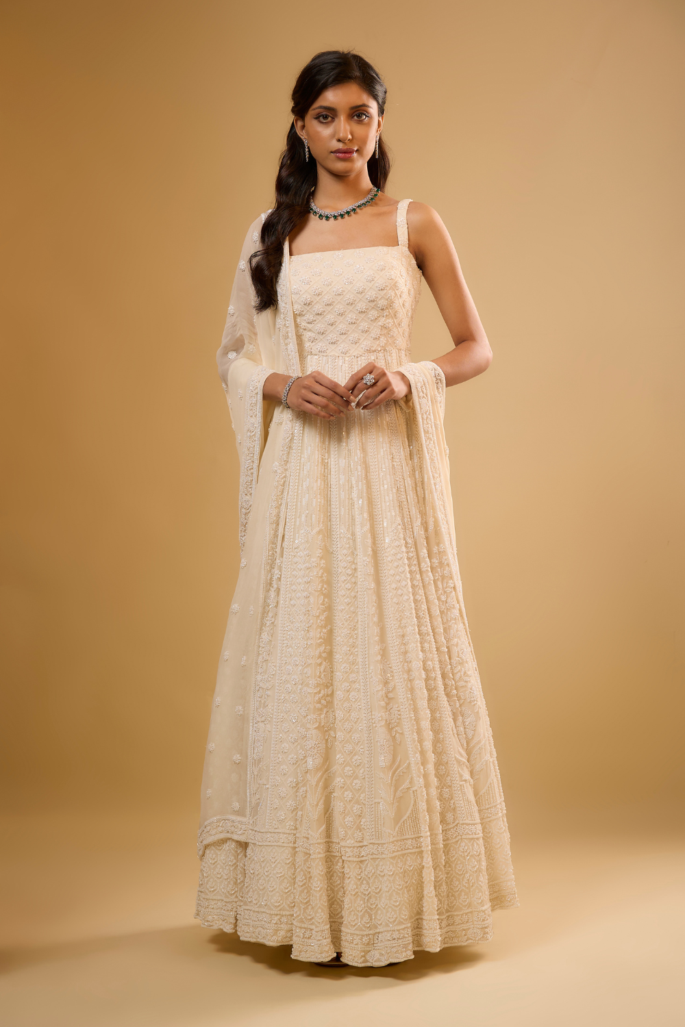 Vanilla white georgette anarkali set with sequins & glass beads