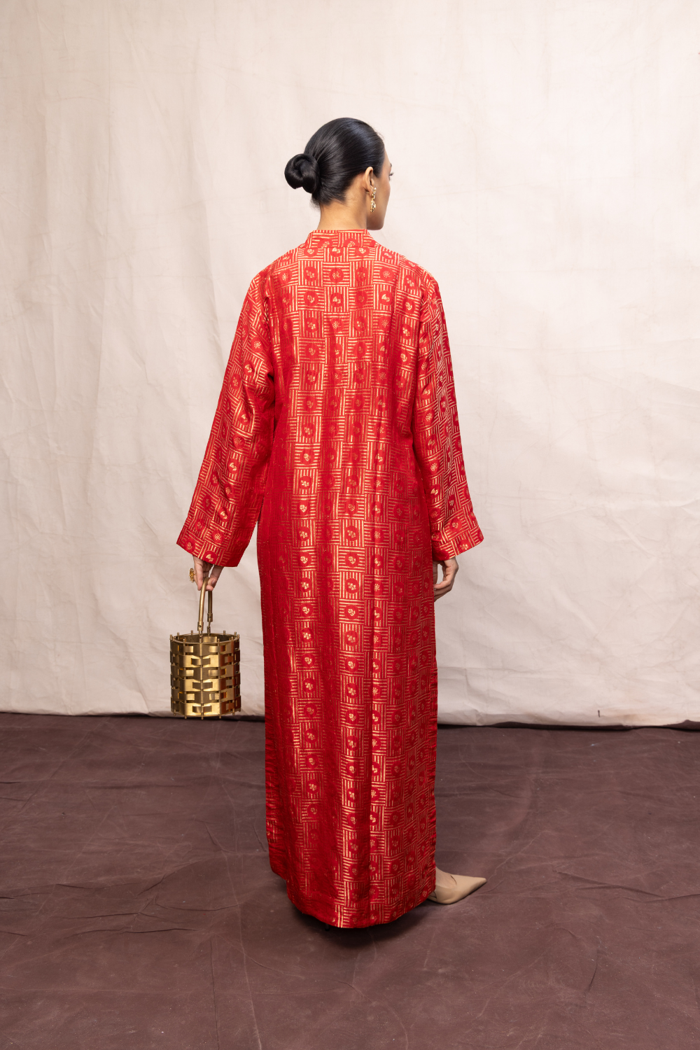 Handwoven Red Silk Embossed Kaftan
