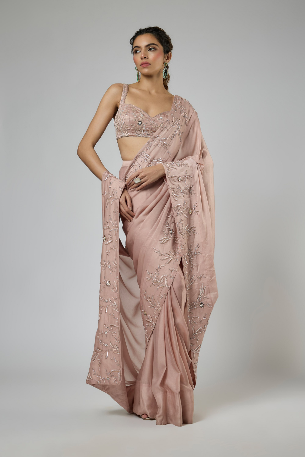 ONION PINK INTRICATE FLORAL EMBROIDERED SAREE SET