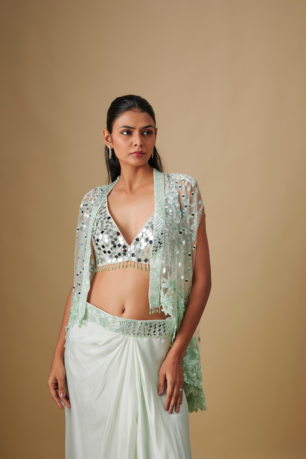 Marlowe- Mint Drape Full mirror Blouse with Cape