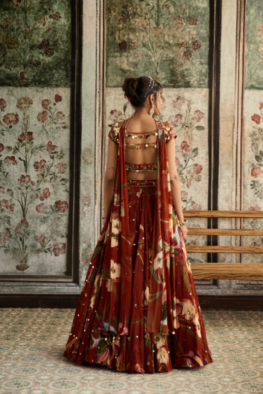 RUST FLORAL PRINT AND HIGHLIGHTED LEHENGA SET