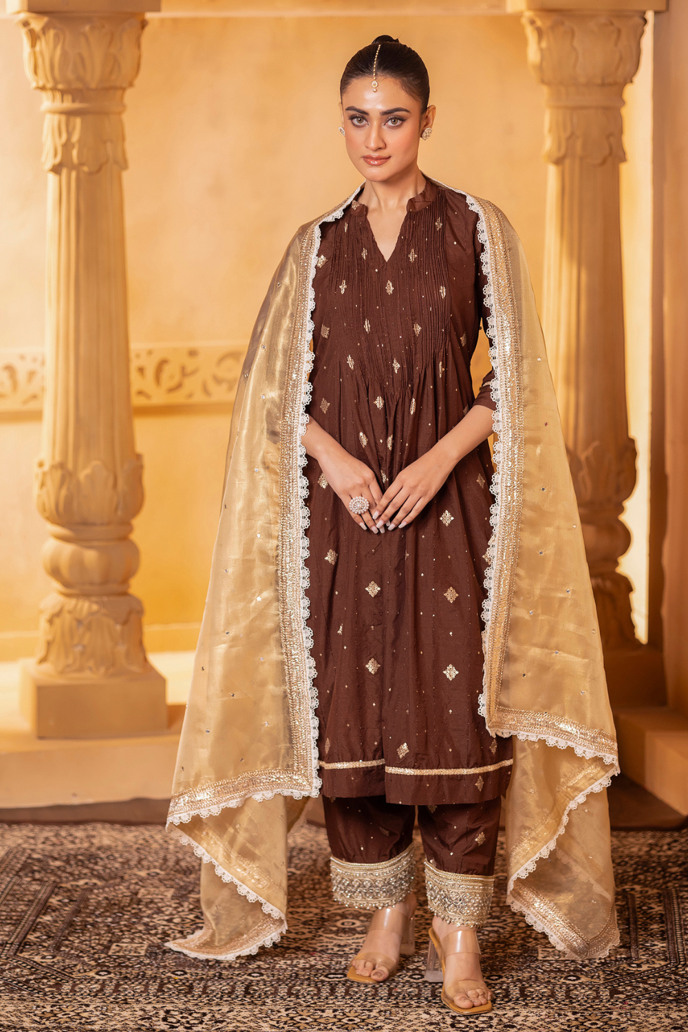 Brown Pintuck Kurta Set