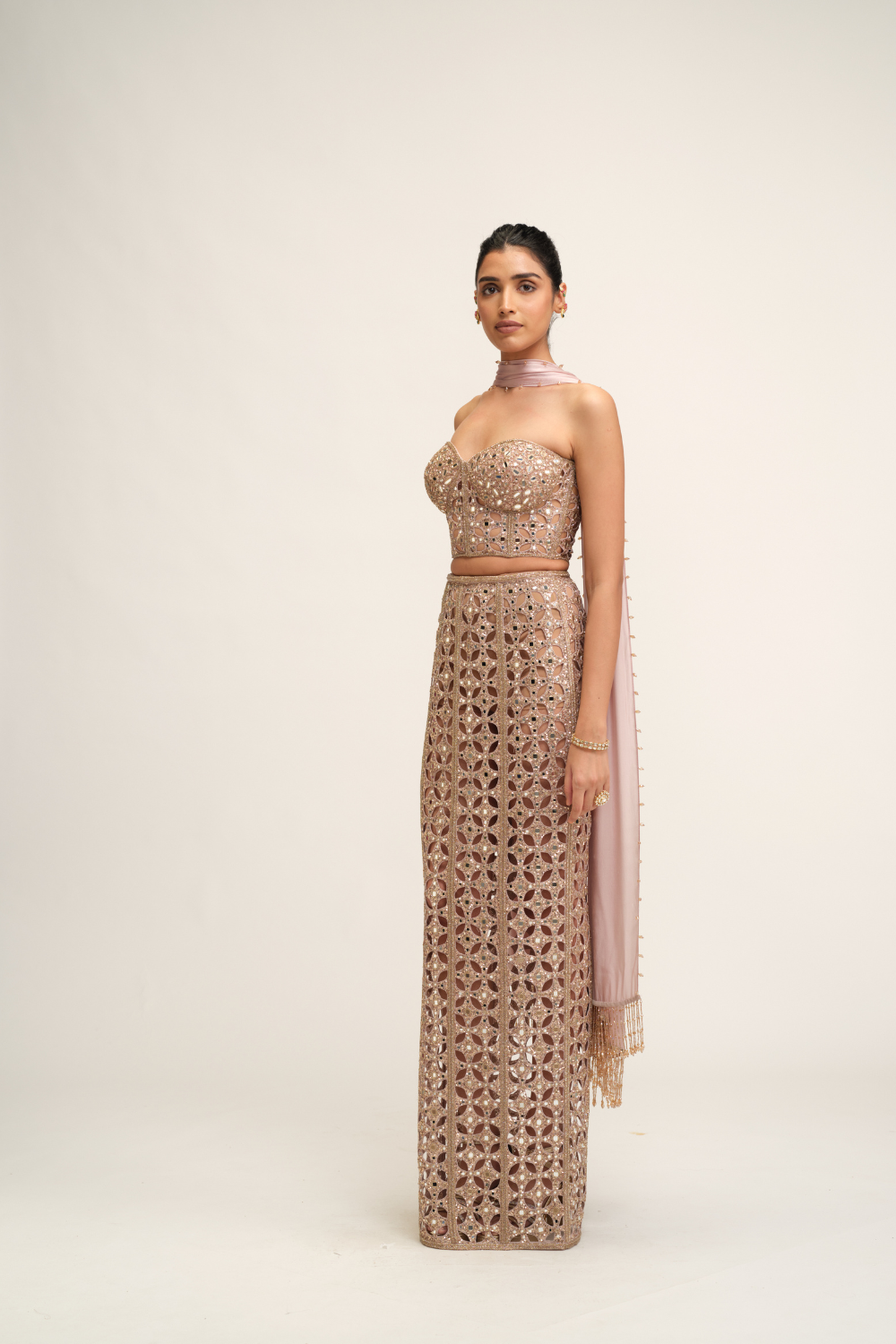 Ash Pink Cutwork Pencil Skirt Set
