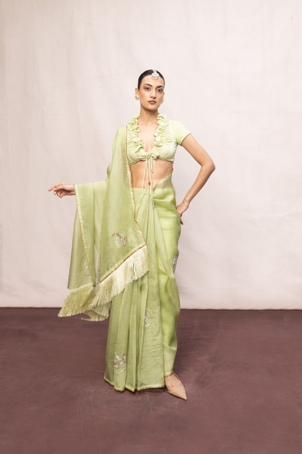 Handwoven Pistachio Green Kora Banarasi Saree