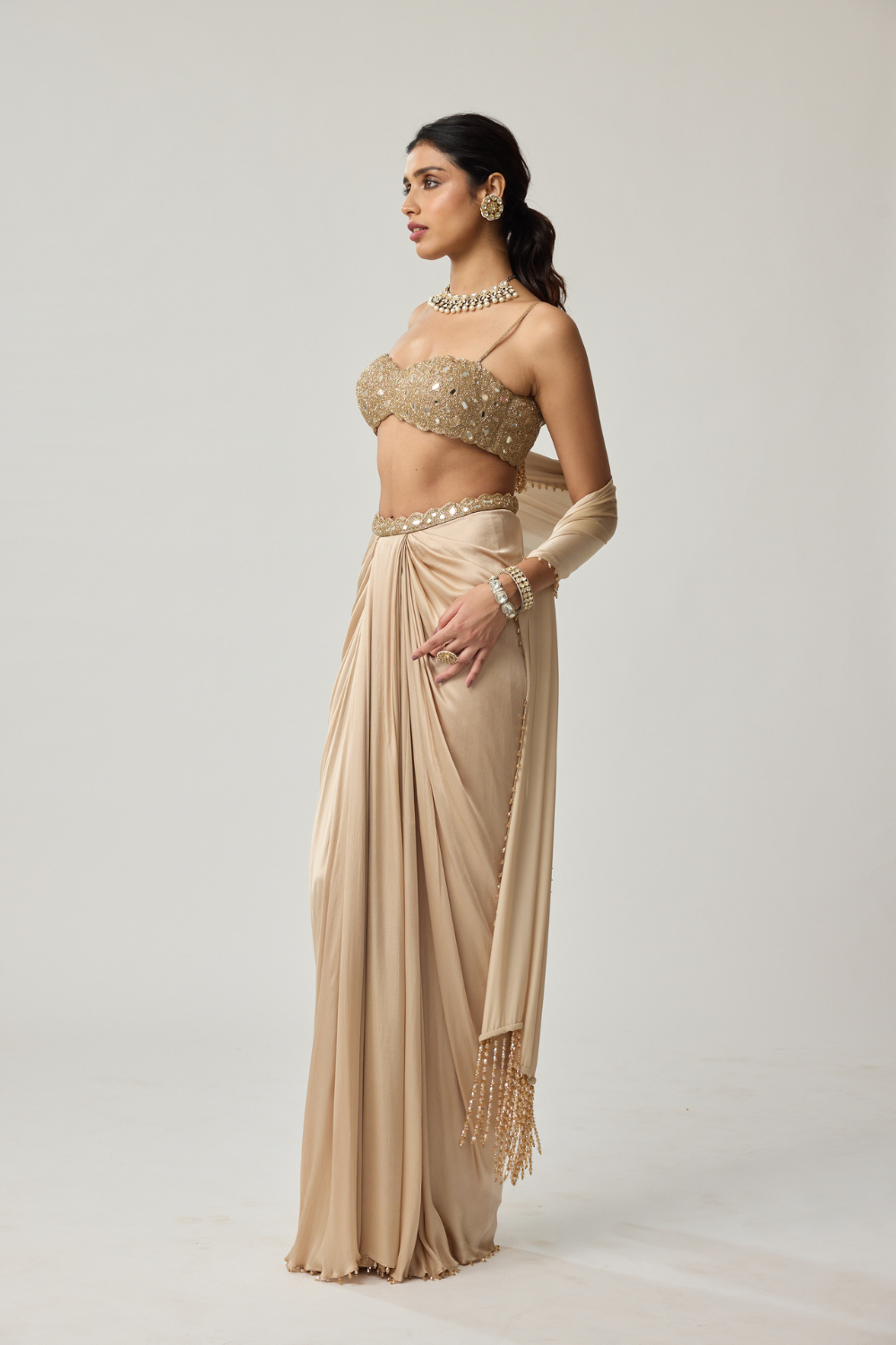 Light beige Mirror Satin draped skirt Set