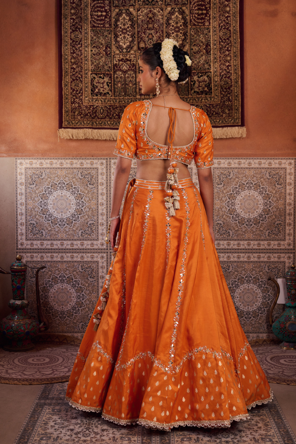 Rust orange silk embroidered blouse, lehenga and dupatta