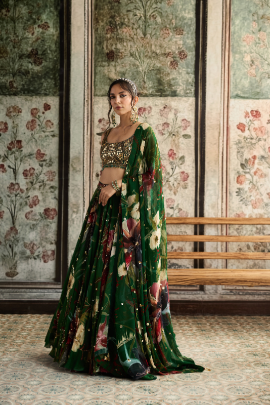 GREEN FLORAL PRINT AND HIGHLIGHTED LEHENGA SET