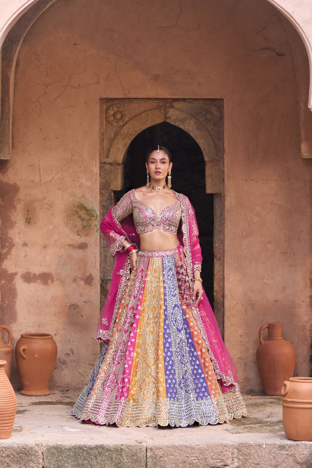 PRISM — Multicolored Raw Silk Lehenga Set with Contrast Blouse