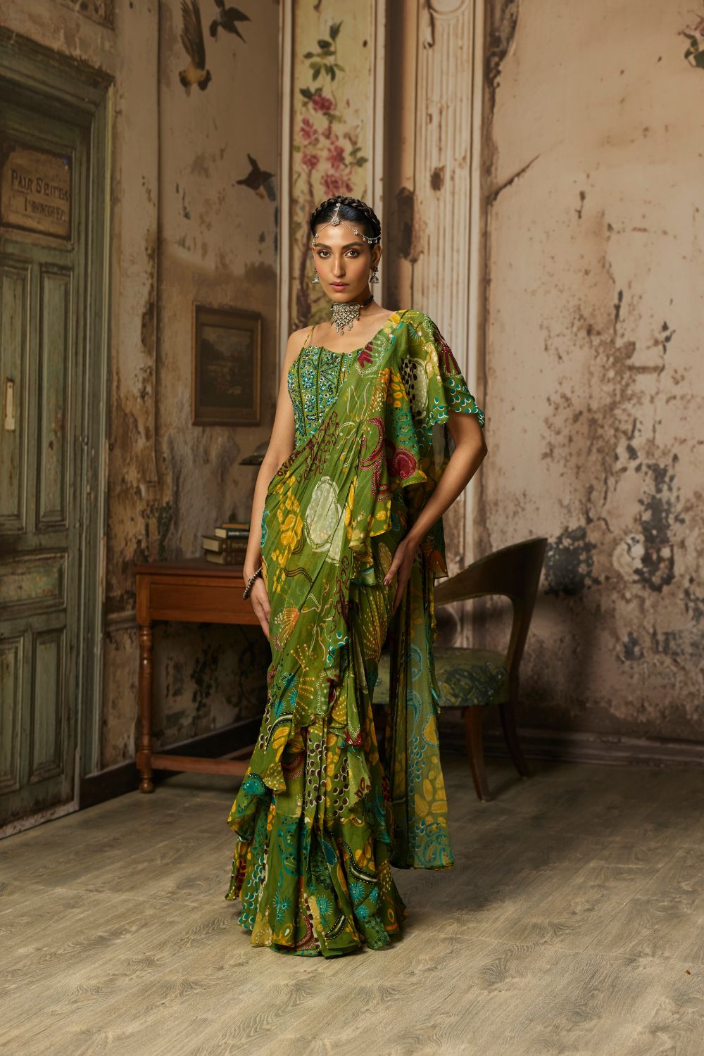 PEAR GREEN PRINTED AND HIGHLIGHTED RUFFLE SKIRT SAREE SET