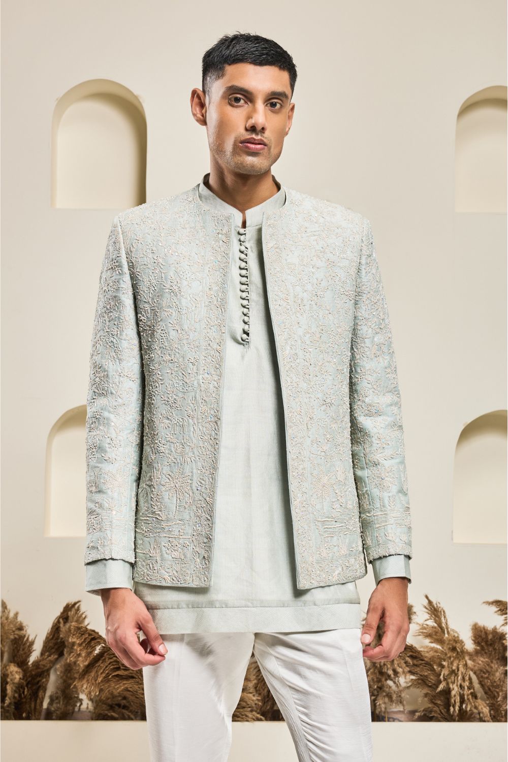 Iceblue open bandhgala   with thread , sequins & pearl  work