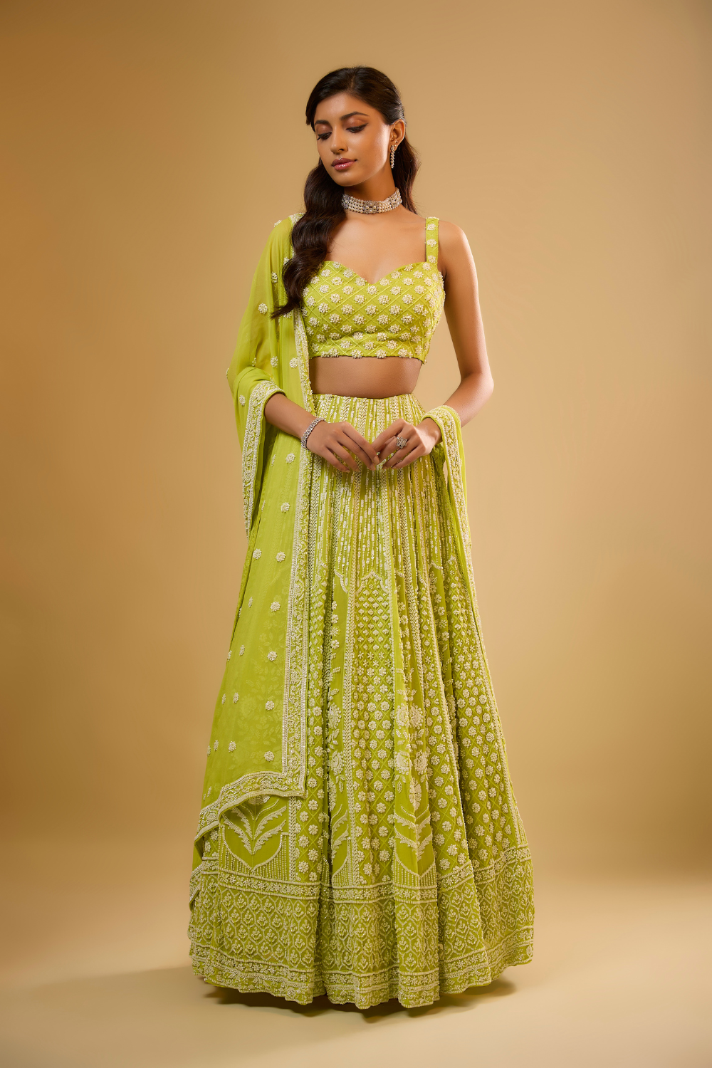 Citrus green georgette lehenga set with sequins & glass beads