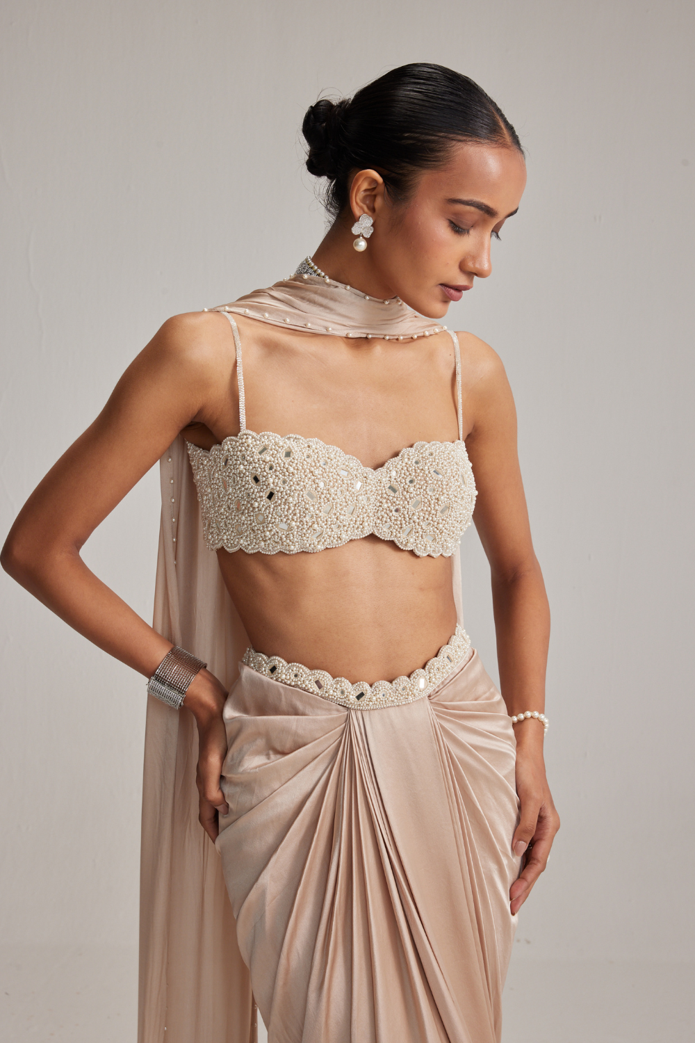 Light Beige Satin draped skirt set